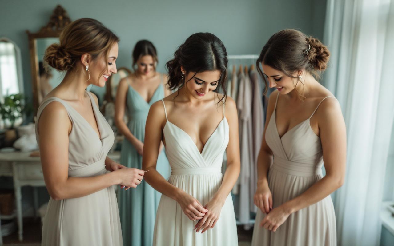 Demoiselles d'honneur ajustant des robes aux tons doux en coulisses, dans une loge avec miroirs et cintres, gros plan sur les textures des tissus et les mains qui arrangent les plis, &eacute;clairage naturel et doux cr&eacute;ant une ambiance intime.