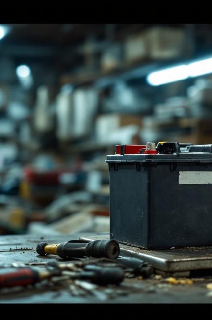 Batterie de voiture usagée posée sur une balance dans un atelier auto, avec un garage et une zone de ferrailleur en arrière-plan.