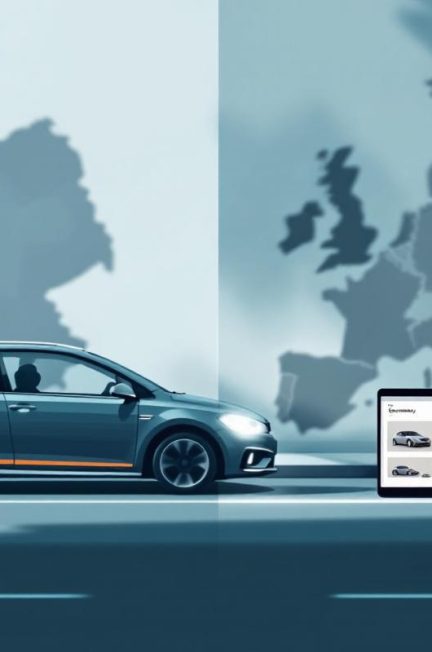 Illustration éditoriale réaliste montrant une voiture d’occasion en arrière-plan, un comparatif entre la Belgique et l’Allemagne, et des écrans montrant des vignettes d’annonces automobiles sans texte lisible.