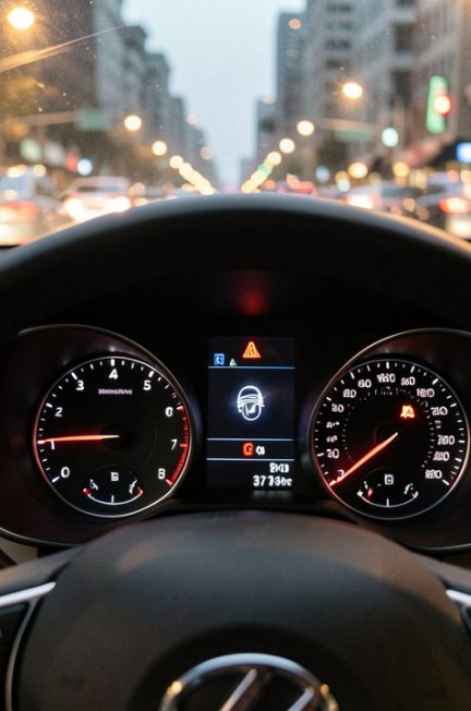 Intérieur d’une voiture avec le tableau de bord en gros plan, voyant moteur allumé, ambiance de conduite urbaine réaliste en fin de journée.