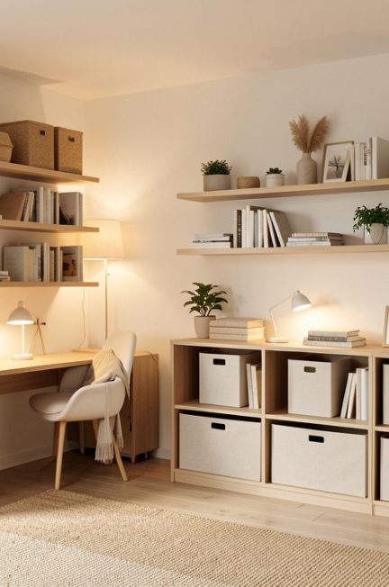 Studio moderne lumineux avec meubles gain de place, rangements muraux et une ambiance chaleureuse minimaliste.