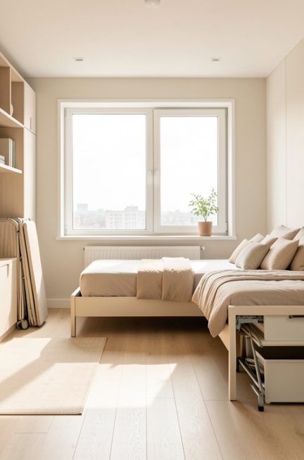 Studio moderne lumineux avec mobilier gain de place, rangements intégrés et circulation fluide.