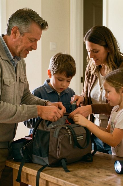 Une famille française composée d’un homme, d’une femme, d’un jeune garçon et d’une jeune fille prépare un sac d’urgence dans l’entrée de sa maison, près d’une carte météorologique abstraite et d’une lampe.