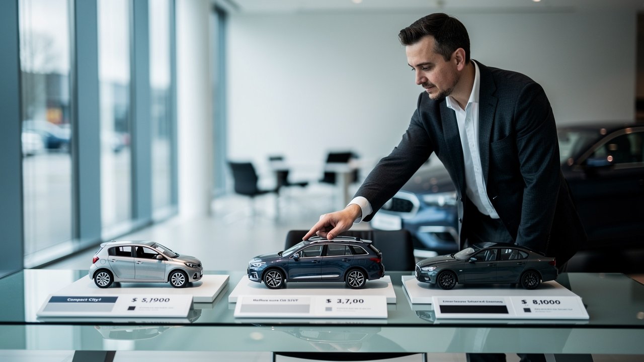 Dans une salle d’exposition, un vendeur consultant une table de comparaison pour trois types de voitures : citadine, SUV et berline.