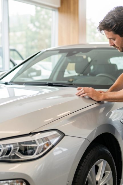 Une voiture d’occasion propre garée dans une concession, avec un homme effectuant une inspection visuelle sous une lumière naturelle et réaliste.