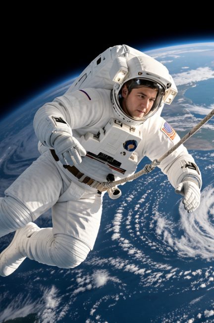 Un astronaute en combinaison spatiale blanche flotte près d’une station orbitale, relié par un câble de sécurité, avec la Terre visible en arrière-plan.