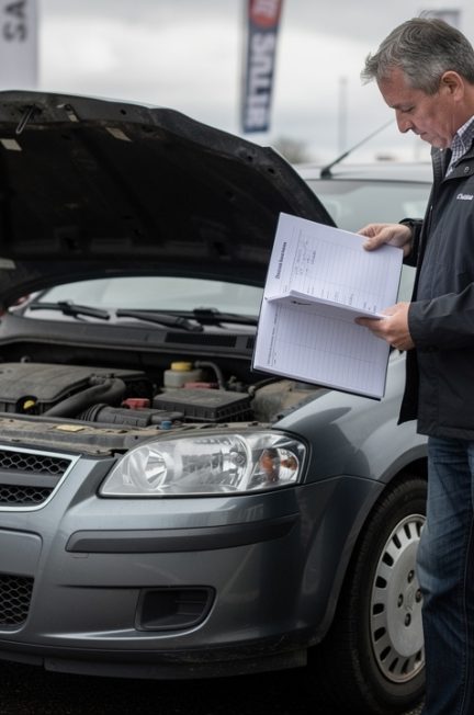 Un homme examine attentivement une citadine grise d’occasion dans un parc automobile, avec un carnet d’entretien ouvert aux pages vierges.