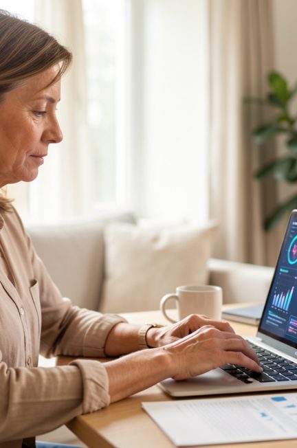 Femme adulte en reconversion professionnelle travaillant sur un ordinateur portable dans un bureau lumineux, avec des visualisations de données abstraites et une interface d’intelligence artificielle.