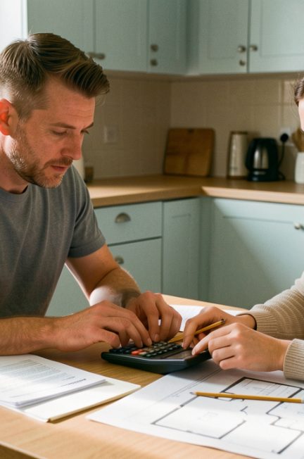 Un homme et une femme assis à une table de cuisine calculent un budget immobilier avec une calculette, des documents bancaires vierges et des plans d’appartement, éclairés par la lumière naturelle.