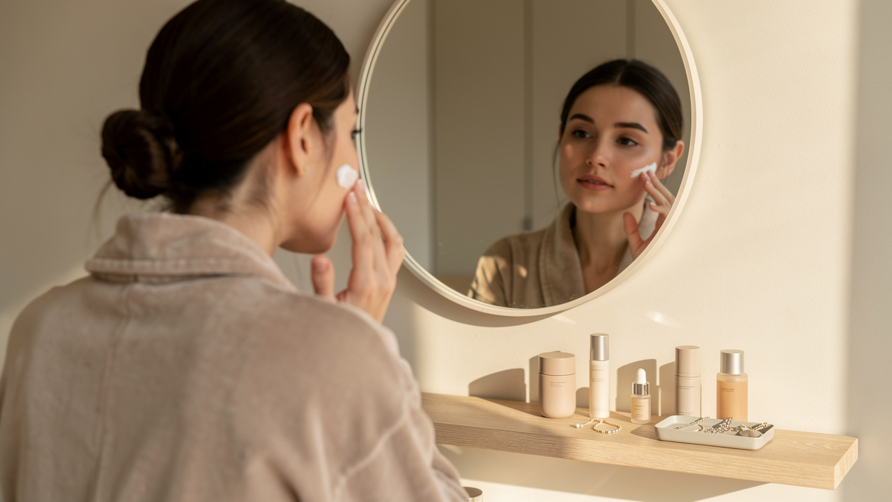 Femme appliquant délicatement une crème hydratante devant un miroir, avec quelques produits de beauté minimalistes et des bijoux discrets sur une étagère.