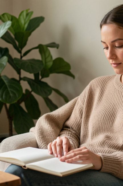 Femme détendue chez elle, assise près d’un carnet vierge, d’une tasse en céramique et d’une plante verte, dans une douce lumière naturelle.