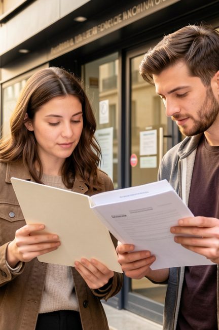 Jeune femme et jeune homme comparant un dossier de location et des documents d’aide au logement devant une agence immobilière française.