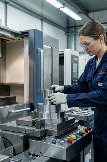 Jeune technicienne en alternance inspectant une pièce métallique dans un atelier d’usinage de haute précision équipé de machines industrielles modernes.