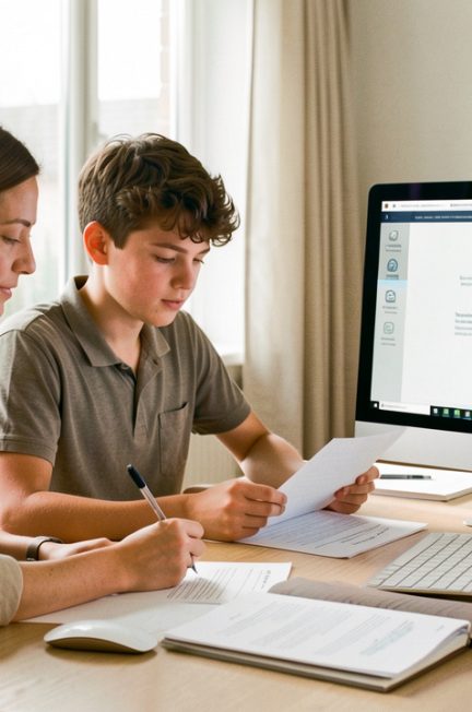 Une mère et son fils adolescent consultent ensemble un ordinateur, des fiches vierges et un schéma abstrait sur l’intelligence artificielle dans un intérieur lumineux.