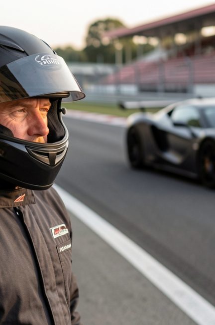 Un pilote automobile amateur casqué observe un circuit depuis les stands, avec une voiture sportive en arrière-plan.