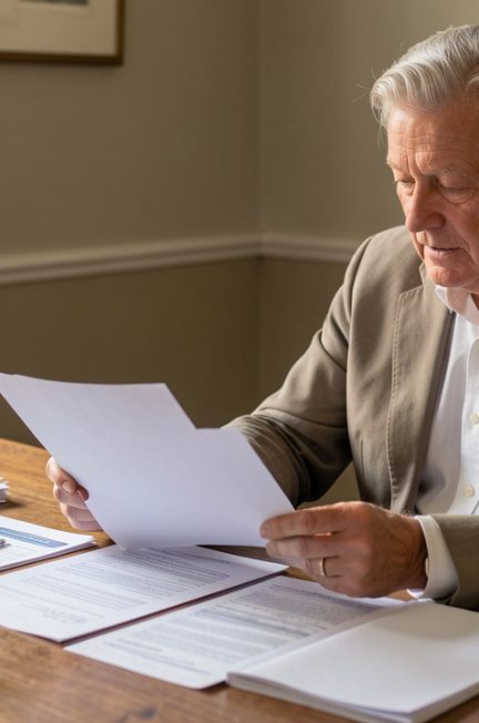 Homme retraité consultant des documents administratifs vierges et un relevé de pension sur une table dans un bureau français sobre.