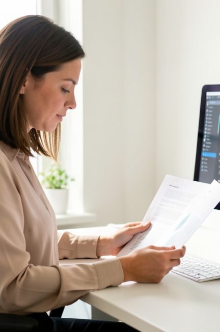 Une salariée analyse des documents devant un ordinateur affichant un tableau de bord visuel d’intelligence artificielle dans un bureau lumineux.