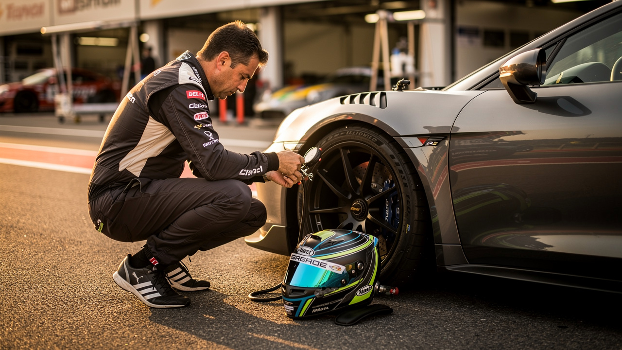 Voiture sportive stationnée dans un paddock, avec un homme en combinaison de course vérifiant la pression d’un pneu au moyen d’un manomètre, tandis qu’un casque repose près de la roue.