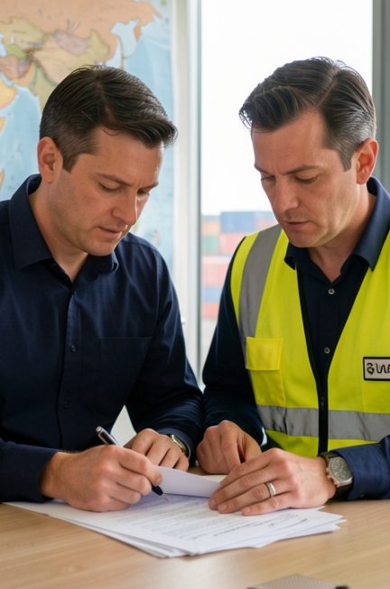 Un agent de transit analyse des documents d’expédition vierges dans un bureau logistique, avec une carte mondiale non légendée et des conteneurs portuaires visibles au loin.