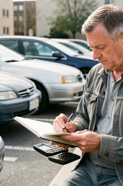 Un homme réfléchit à son budget automobile avec un carnet vierge et une calculatrice devant plusieurs voitures garées, éclairé par une lumière naturelle.