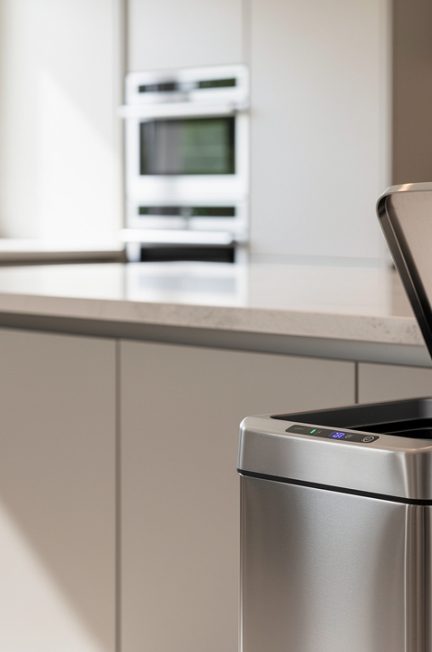 Cuisine contemporaine lumineuse avec une poubelle automatique en acier inoxydable ouverte près du plan de travail.
