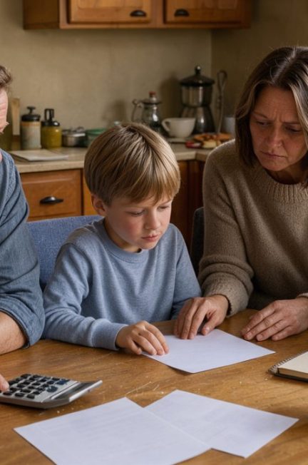 Une famille composée de deux adultes et de deux enfants réunis autour d’une table de cuisine, avec des feuilles vierges, un cahier sans inscription et une calculatrice devant eux.