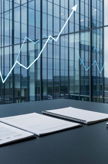 Immeuble de bureaux moderne en verre, avec des graphiques financiers abstraits en reflet et des documents vierges disposés sur une table de réunion.